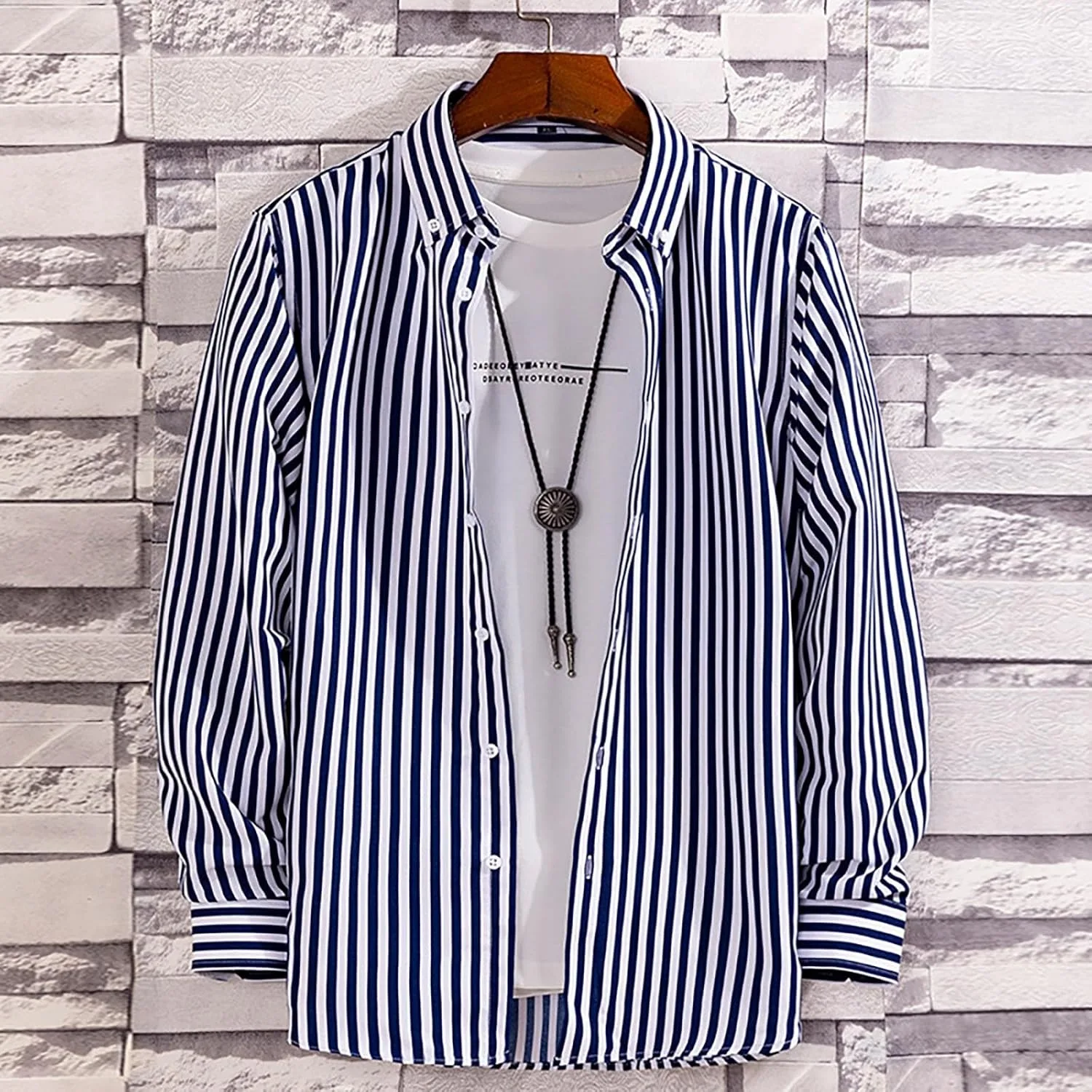 Мужская полосатая рубашка на пуговицах Casual Regular Fit, не мнется, с длинным рукавом, для делового формального стиля Generic, серебряный — фото 2