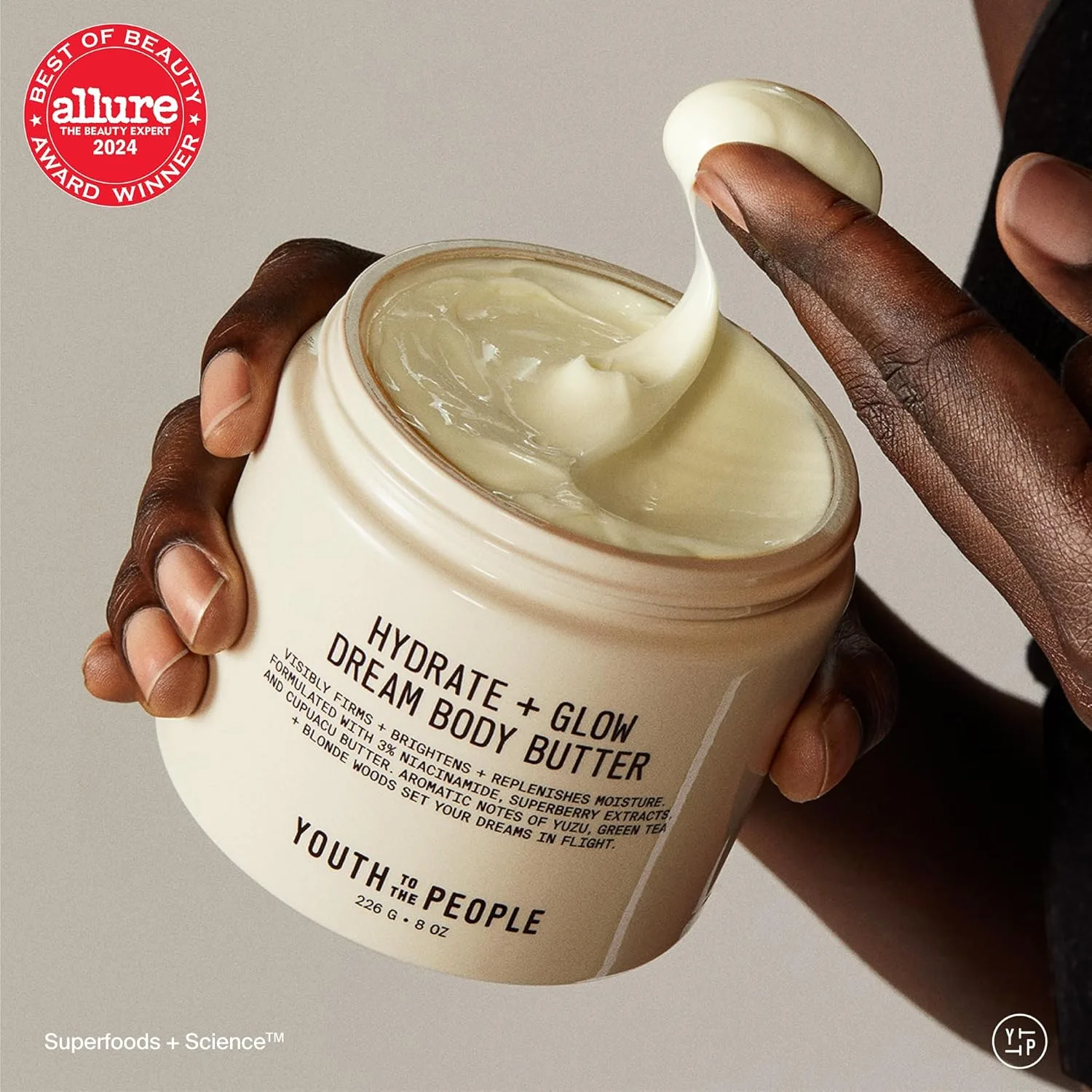 Youth To The People Superberry Hydrate + Glow Dream Body Butter - 3% ниацинамид + масло жожоба, масла ши и купуасу, ароматизированный лосьон для тела с нотами юдзу, зеленого чая и светлого дерева, укрепляющий увлажняющий крем, веган 50 мл — фото 2