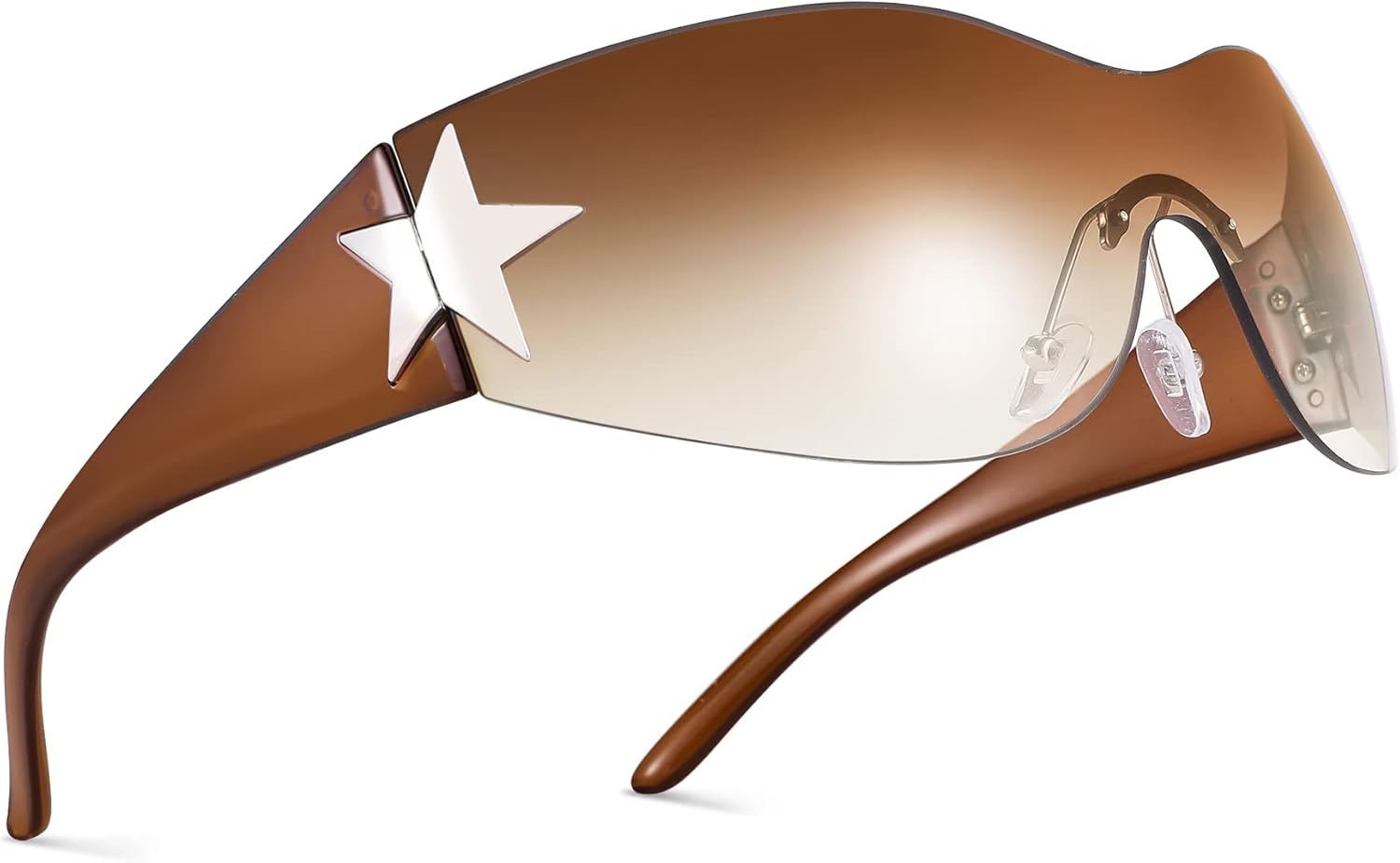 

Солнцезащитные очки NULOOQ Rimless Y2K для женщин и мужчин – модные солнцезащитные очки Star Shield с обтекаемой формой, большие безрамочные солнцезащитные очки, A4* Brown/Gradient Brown