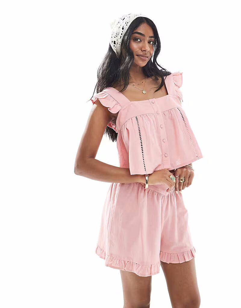 

Блузка-комбинезон с оборками на рукавах розового цвета Wednesday'S Girl
