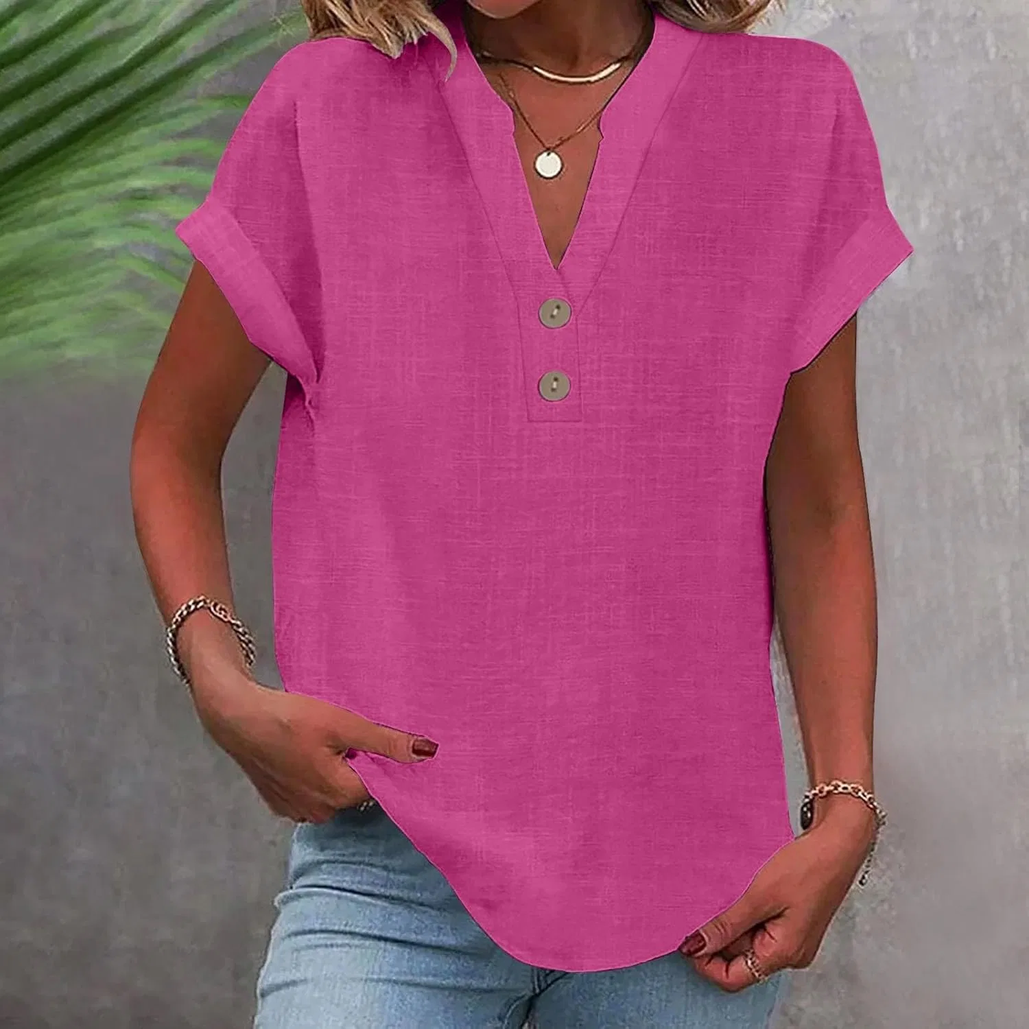 Блуза с коротким рукавом, V-образным вырезом, бренд GENERIC, цвет Hot Pink-b — фото 2