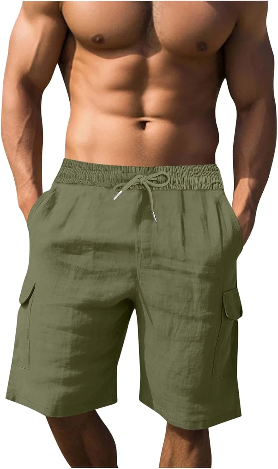 Мужские шорты карго из хлопка и льна, свободный крой, на резинке, цвет Army Green