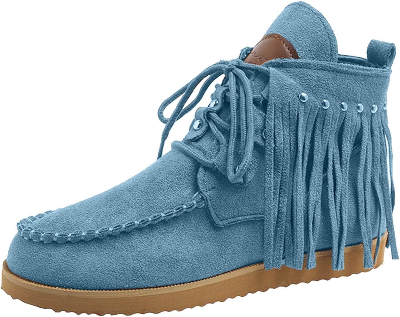 

Ботильоны с бахромой для женщин в стиле вестерн, ковбойские, из искусственной замши, на шнуровке, плоские, винтажные, с круглым носком, широкой подошвой, для улицы, римские туфли Baxtayel, небесно-голубой