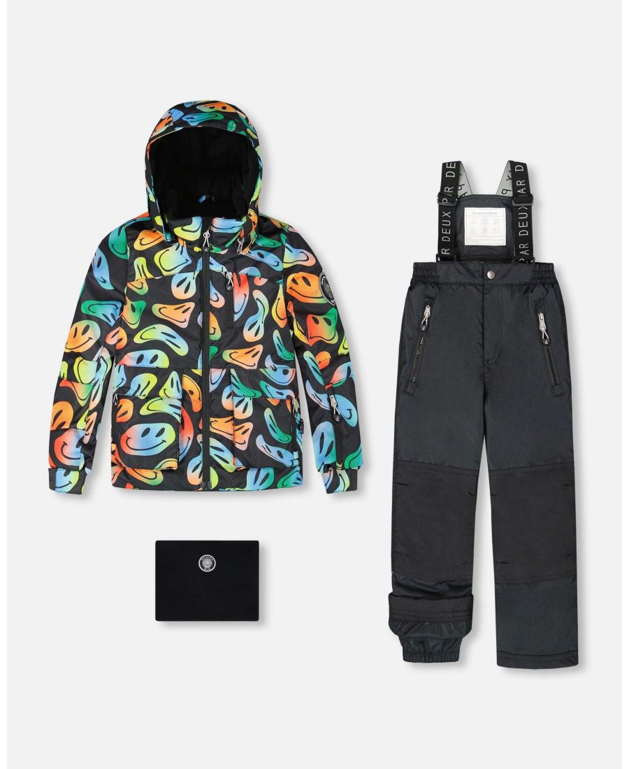 

Детский комбинезон для игр и зимних развлечений для мальчиков, состоящий из двух частей, с курткой с принтом в виде смайлика - для малышей и детей Deux par Deux, Black