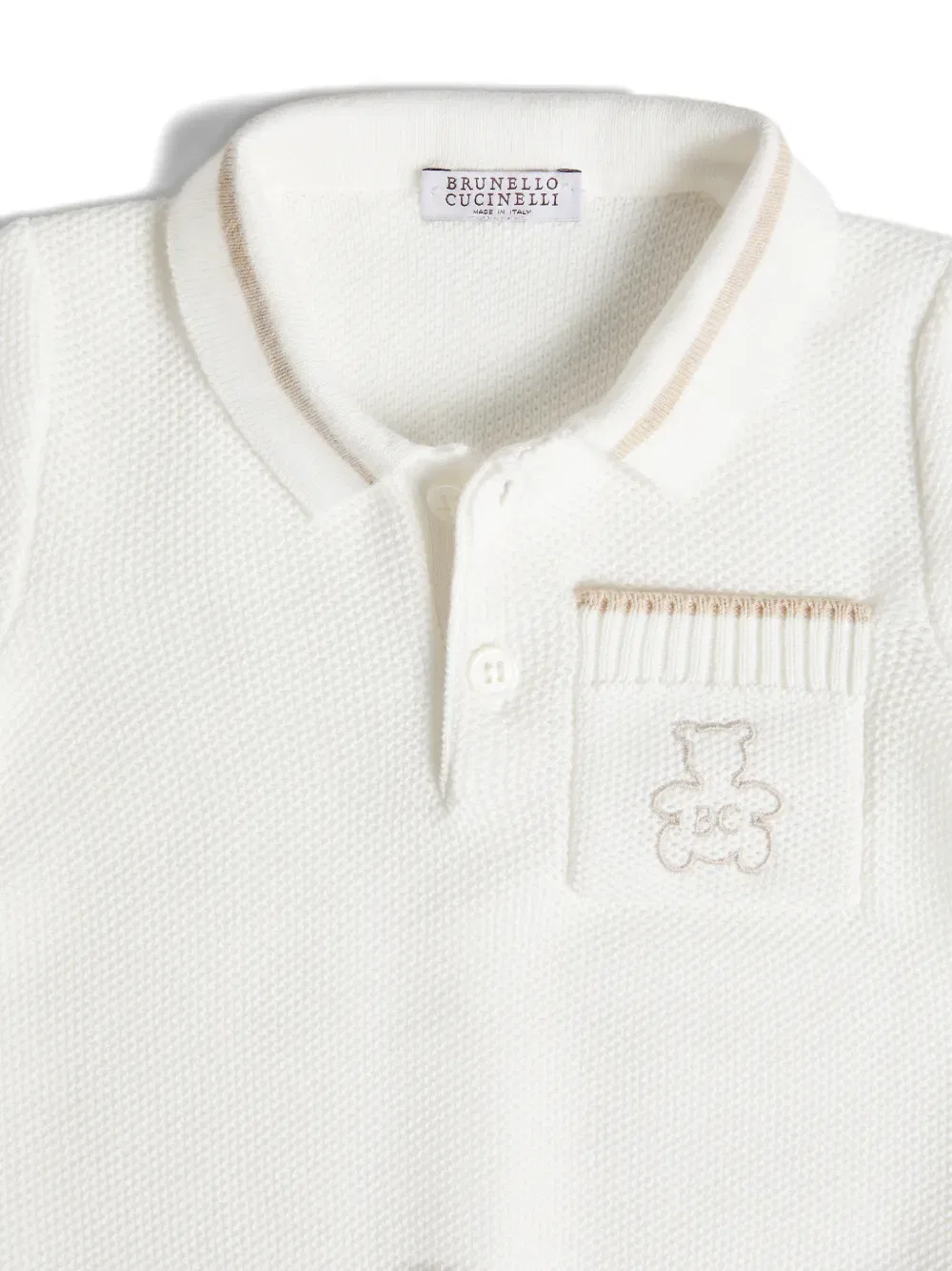 Хлопковая вязаная поло рубашка Baby Bernie с сотовым узором Brunello Cucinelli Kids, нейтральный — фото 3