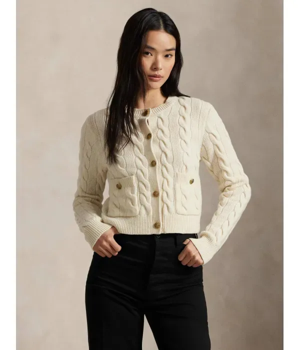 Шерстяной кардиган с косами cropped fit Polo Ralph Lauren, кремовый