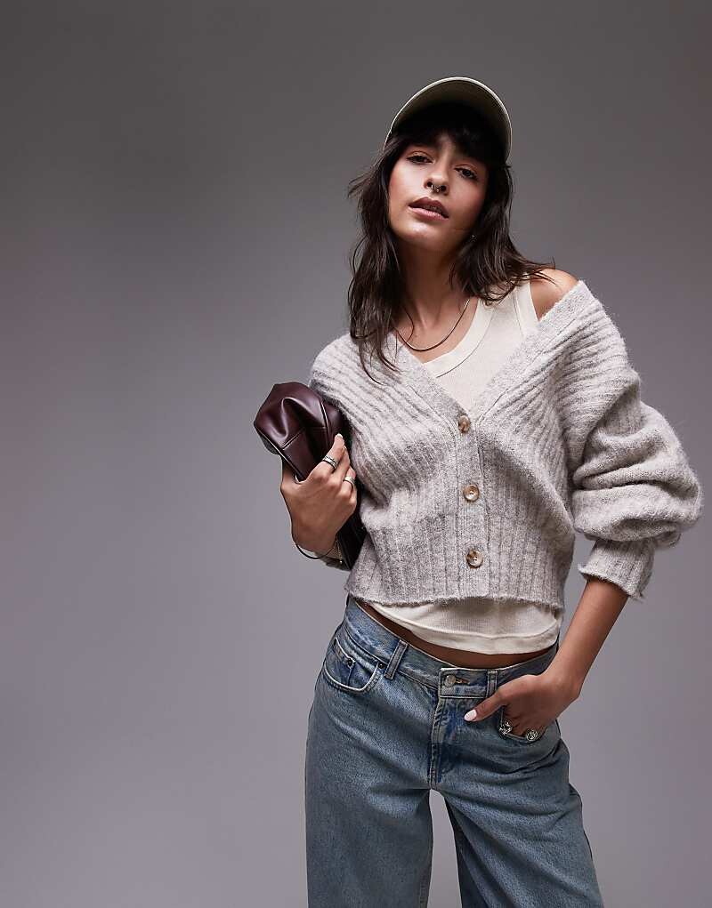 

Кардиган Topshop овсяно-бежевого цвета с V-образным вырезом и овальными 4 рукавами