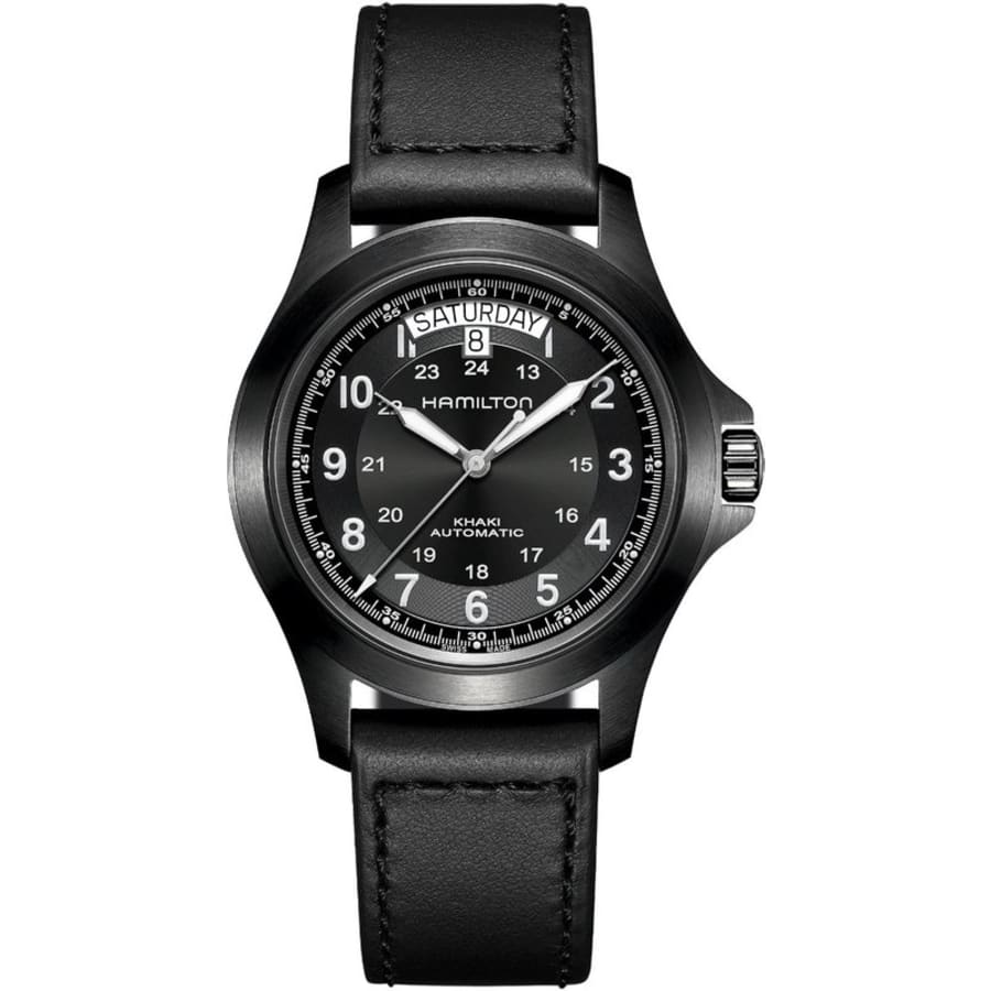 

Мужские часы Hamilton Khaki Field King Auto с черным циферблатом и кожаным ремешком H64465733