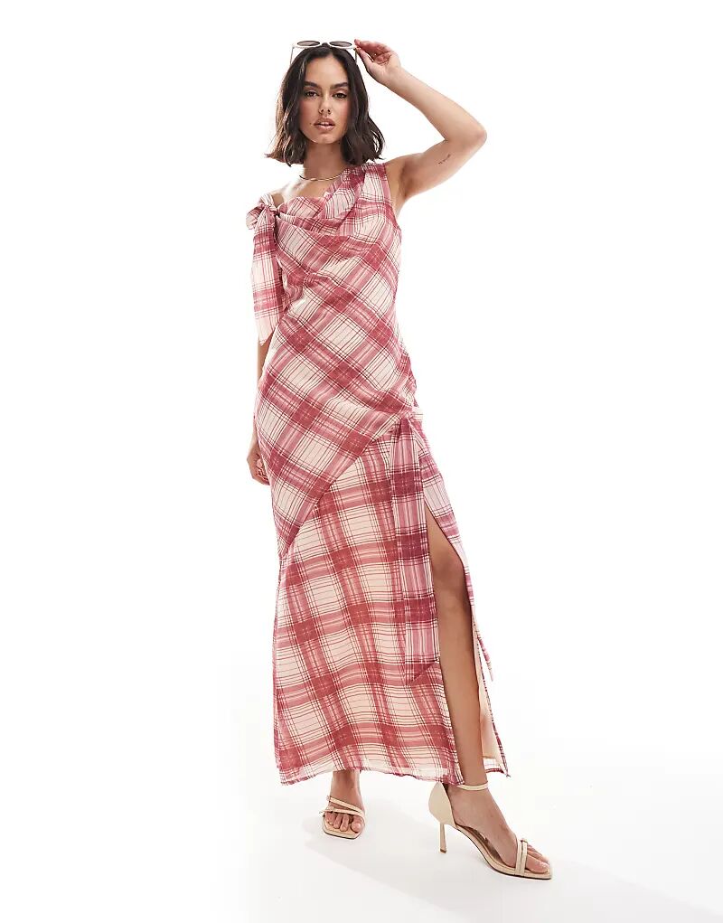 

Платье-хомутик миди с бантом в клетку ASOS DESIGN