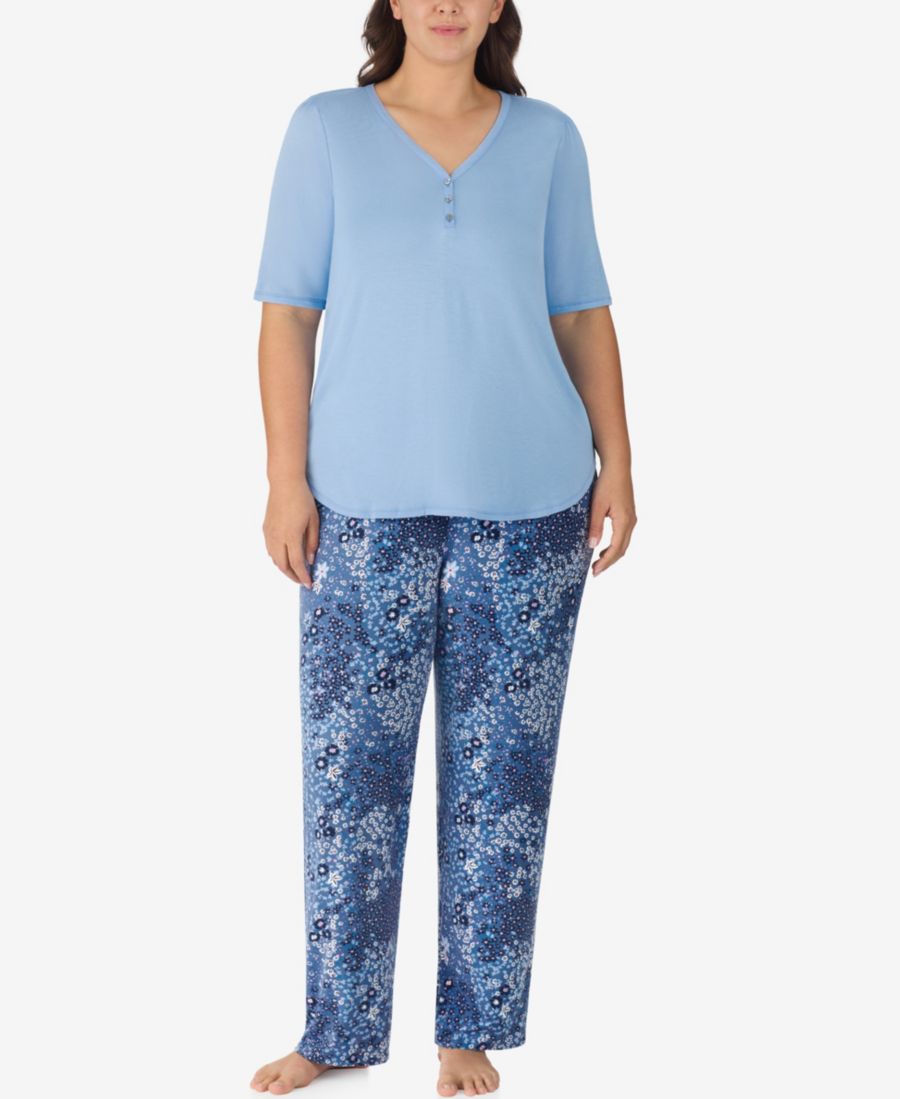 

Пижамный комплект большого размера из двух частей: топ с V-образным вырезом и брюки Ellen Tracy, Light blue