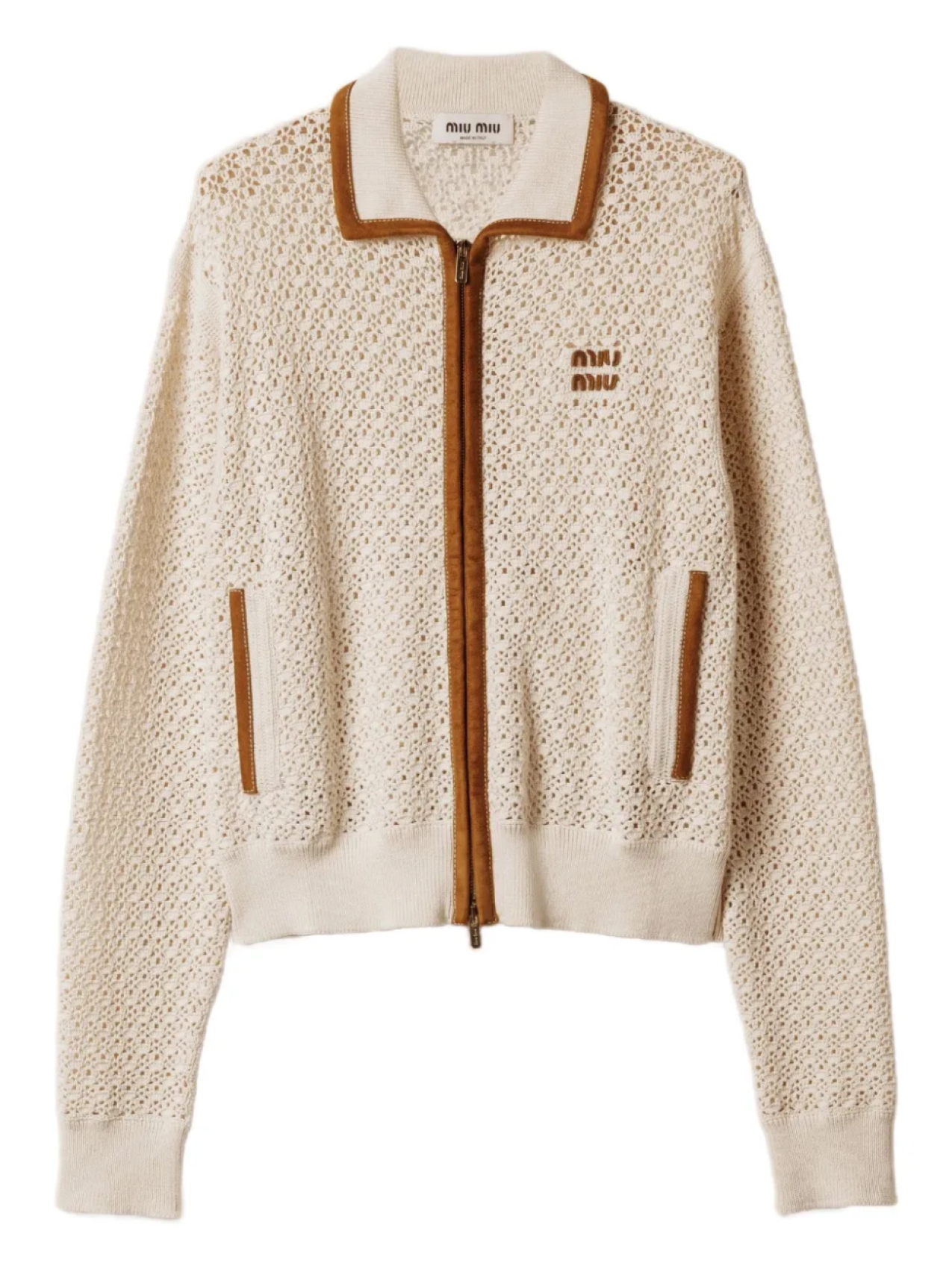 

Кардиган, связанный крючком Miu Miu, нейтральный