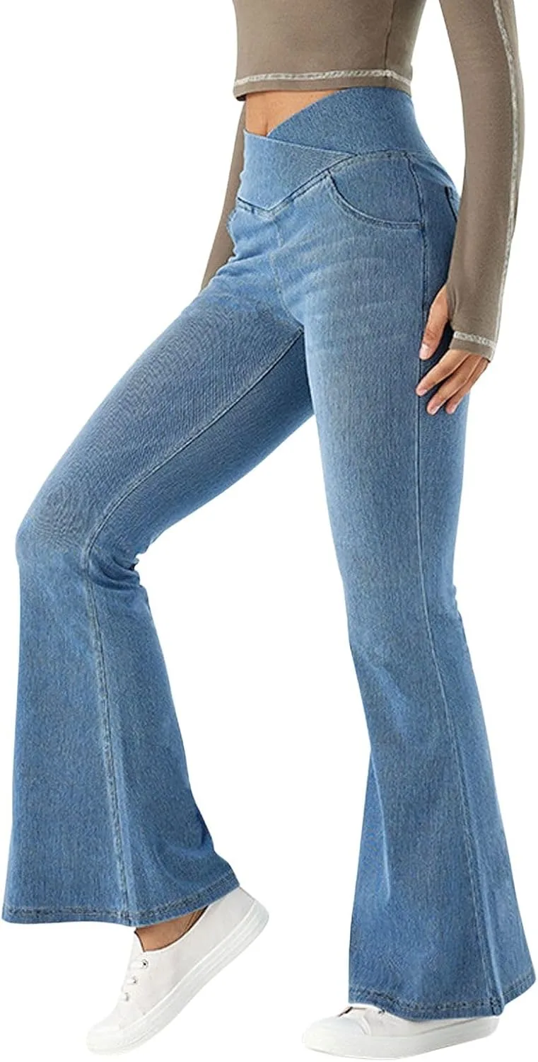 

Utcoco Женские эластичные джинсы-клеш с высокой талией и карманами