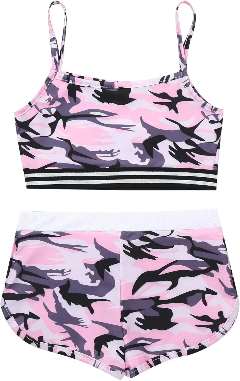 Детский активный костюм с пайетками Mufeng, топ и шорты, Camo Pink — фото 4