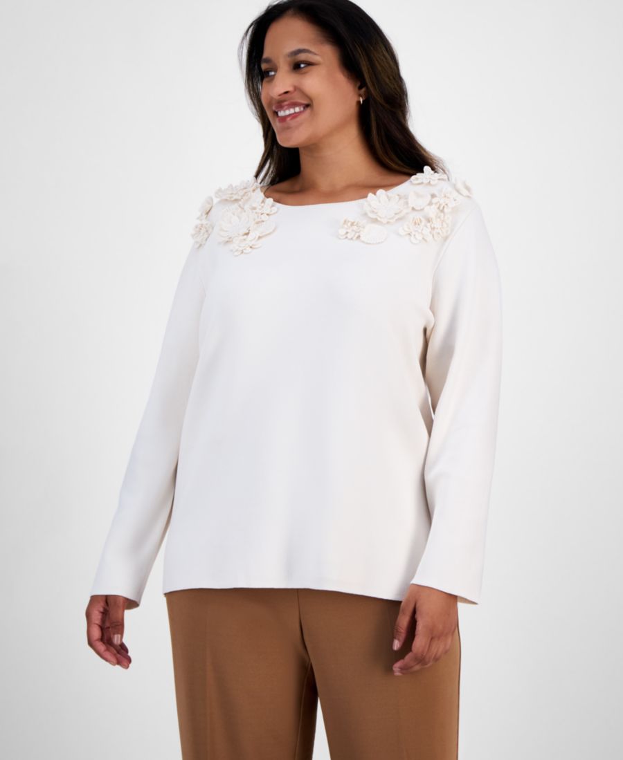 

Свитер большого размера с цветочным декором и вырезом-лодочкой Anne Klein, White Dove