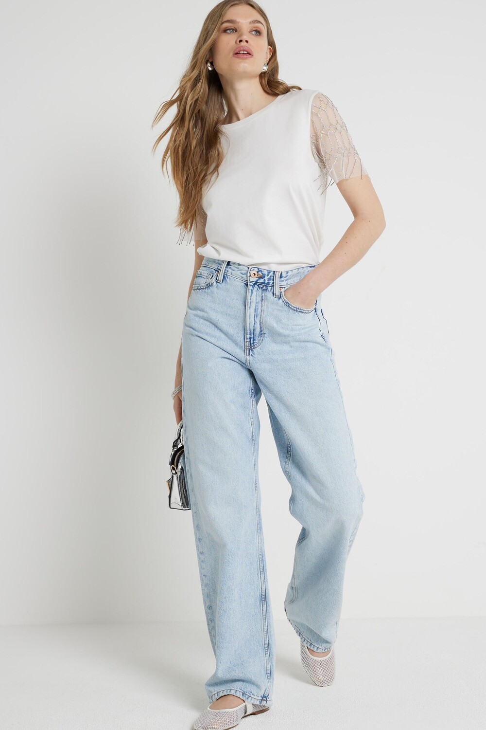 

Футболка с рукавами из бисера River Island, белый