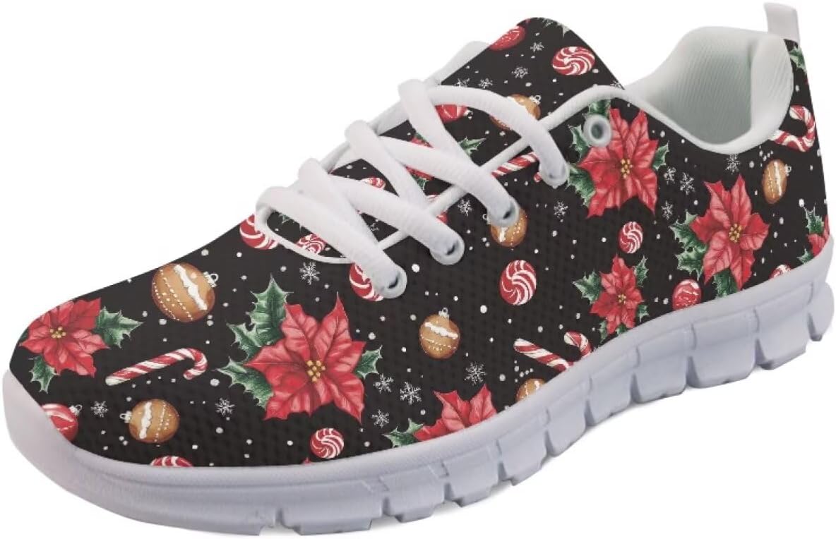 

Кроссовки Forchrinse для женщин и мужчин, дышащие, на шнуровке, для бега, повседневные, с сеткой, противоскользящие, теннисные, Christmas Poinsettia Print
