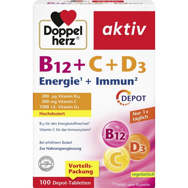 

Активные витамины B12 + C + D3 депо таблетки Doppelherz, 110 g