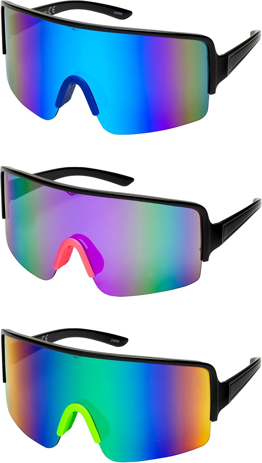 

Большие зеркальные солнцезащитные очки в стиле ретро, ​​светоотражающие, неполяризованные, винтажные солнцезащитные очки-козырьки 80-х и 90-х годов, для женщин и мужчин FLAWLESS EYEWEAR, 3 Pack: Blue/Purple/Green