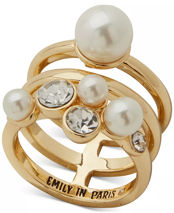 

Кольцо с тремя рядами золотистых кристаллов и искусственного жемчуга Emily In Paris, white