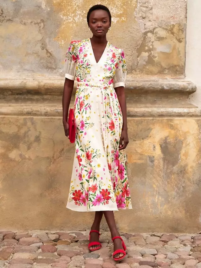 

Платье Hobbs Hobbs Aurelia Cascading Floral Print Silk Midi, цвет cream/multi
