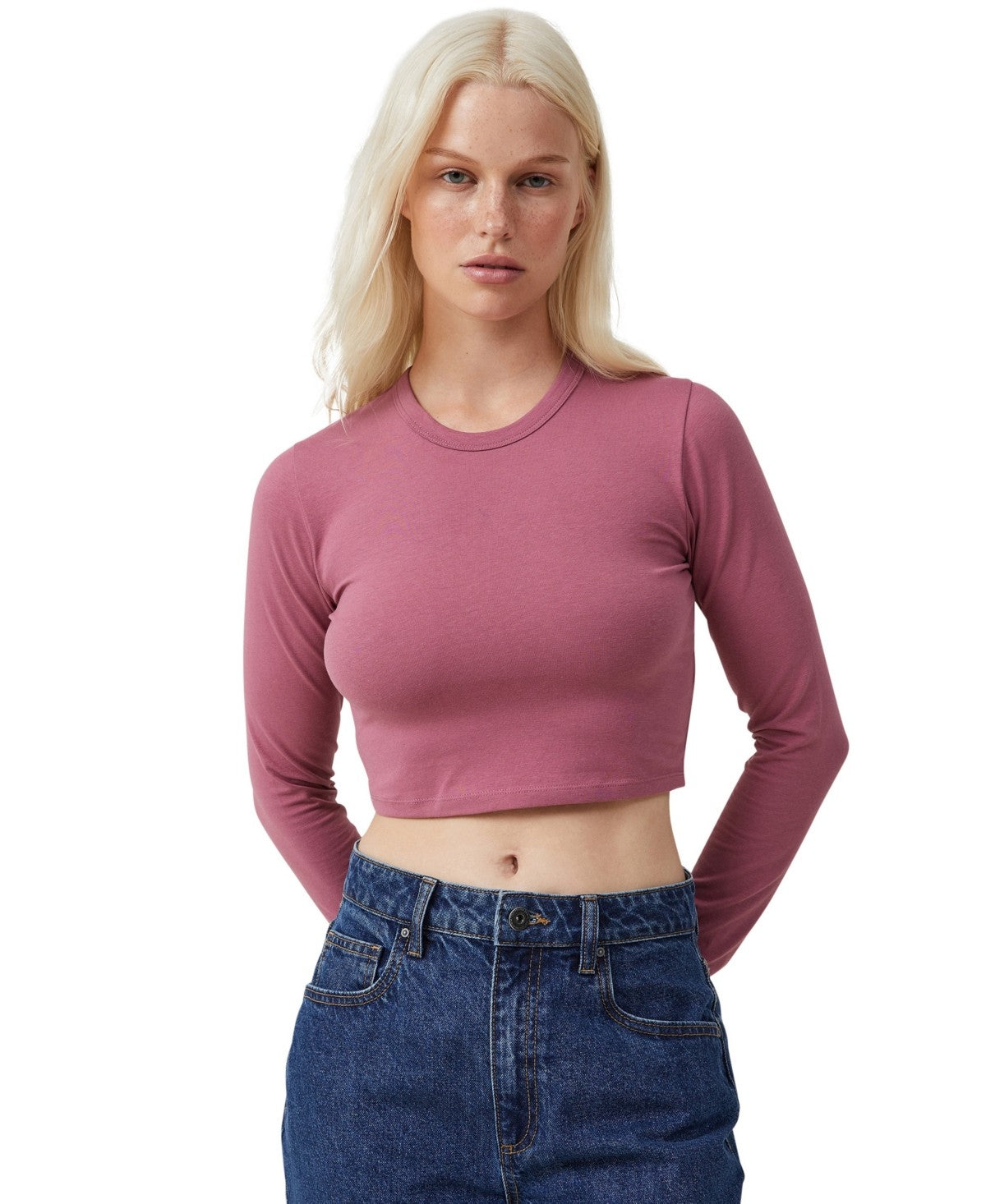 

Cotton On Top Women's Soft Berry Long Sleeve Crew Neck Cropped UPS574, розовый