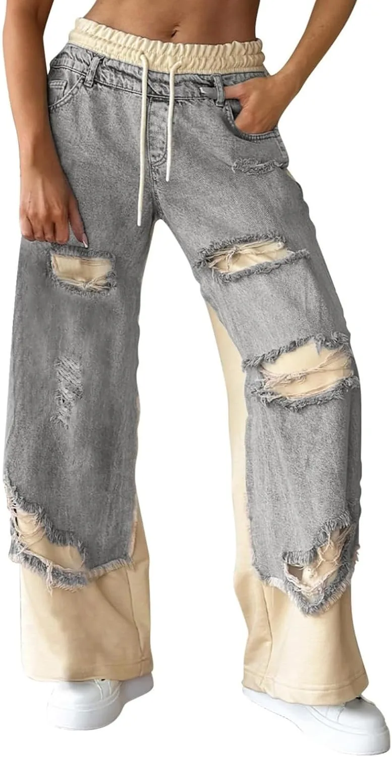 

Женские рваные джинсы distressed high waisted baggy straight wide leg
