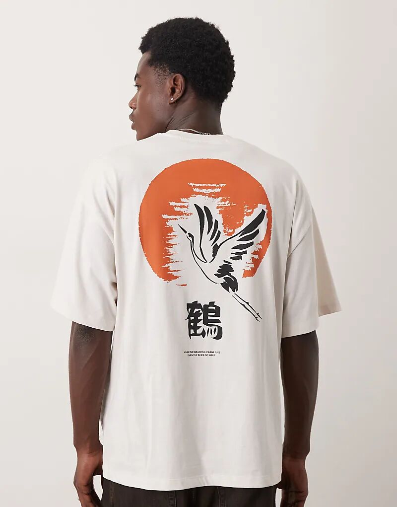 

Футболка оверсайз с принтом журавля на спине Selected в кремово-белом цвете