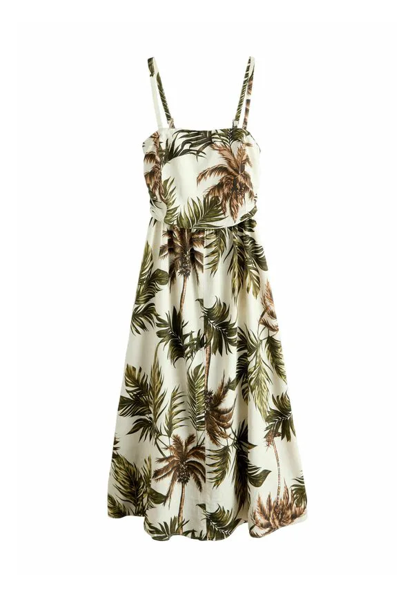 Длинное облегающее платье-бандо со сборками Next, Khaki/Cream Palm Printed