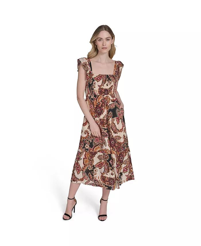 

Женское платье с принтом, квадратным вырезом и оборками на плечах Vince Camuto