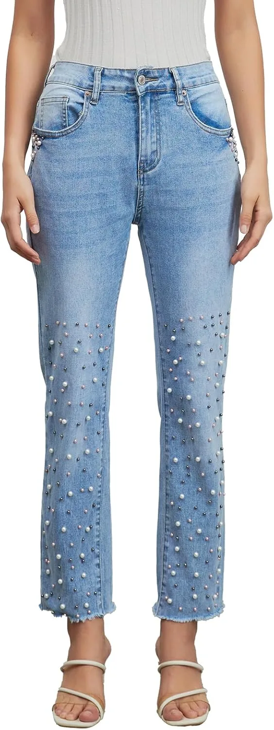 

Женские джинсы LifeShe с жемчужным декором, высокие, с рваным краем, прямые, эластичные