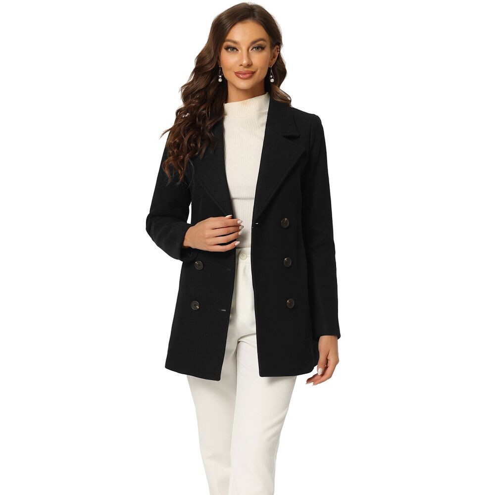 

Женское двубортное пальто до середины бедра с карманами и зубчатыми лацканами ALLEGRA K, черный