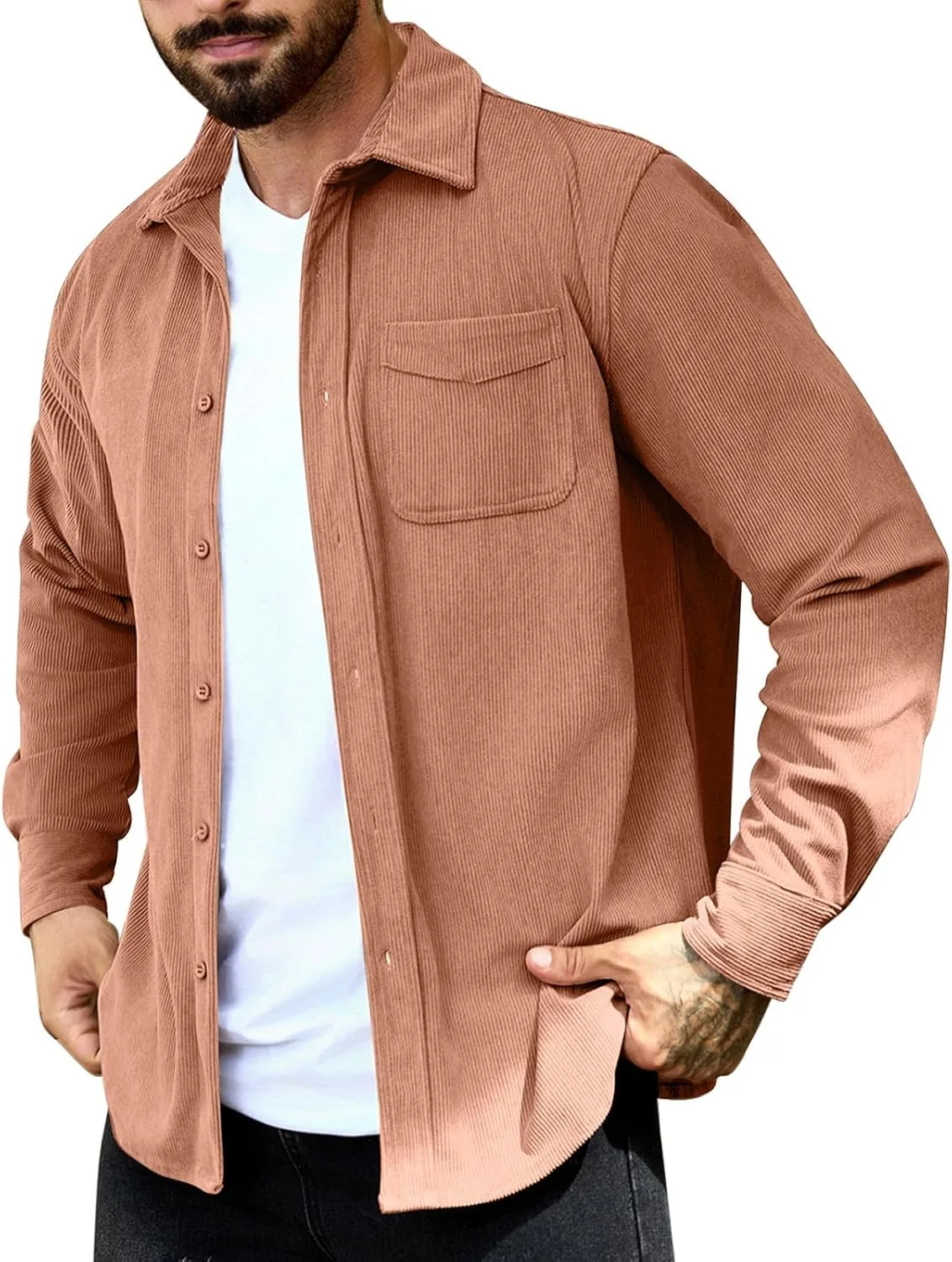 

Мужская вельветовая рубашка-косуха с длинным рукавом и накладными карманами