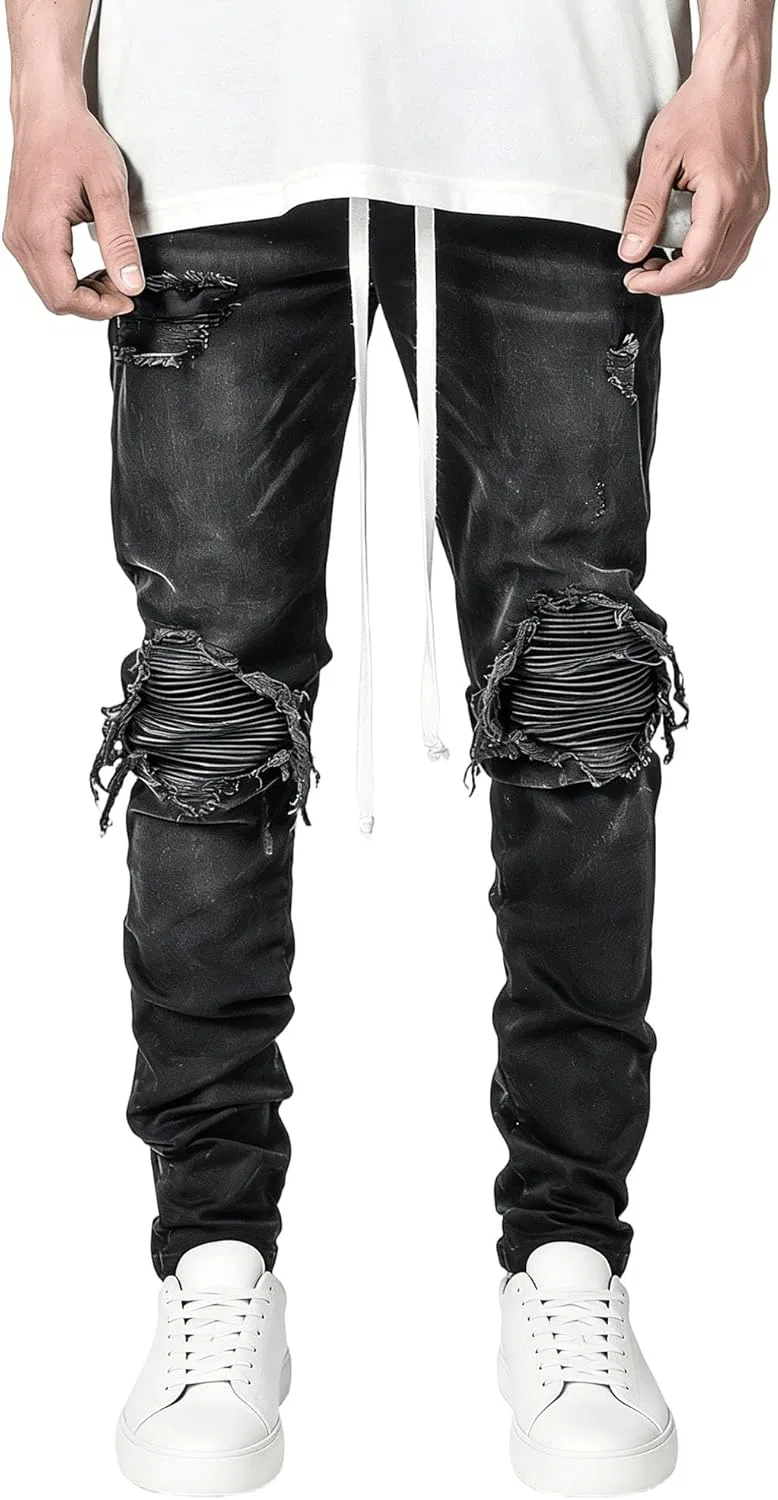 Джинсы с рваными заплатками, Slim Fit, Black