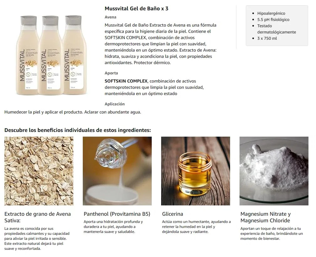 Гипоаллергенный гель для ванны Mussvital Essentials с овсом, 3 x 750 мл Mussvital — фото 3