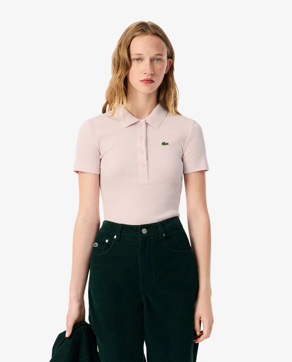 

Женская приталенная футболка-поло из хлопкового рибаного трикотажа с короткими рукавами Lacoste, розовый
