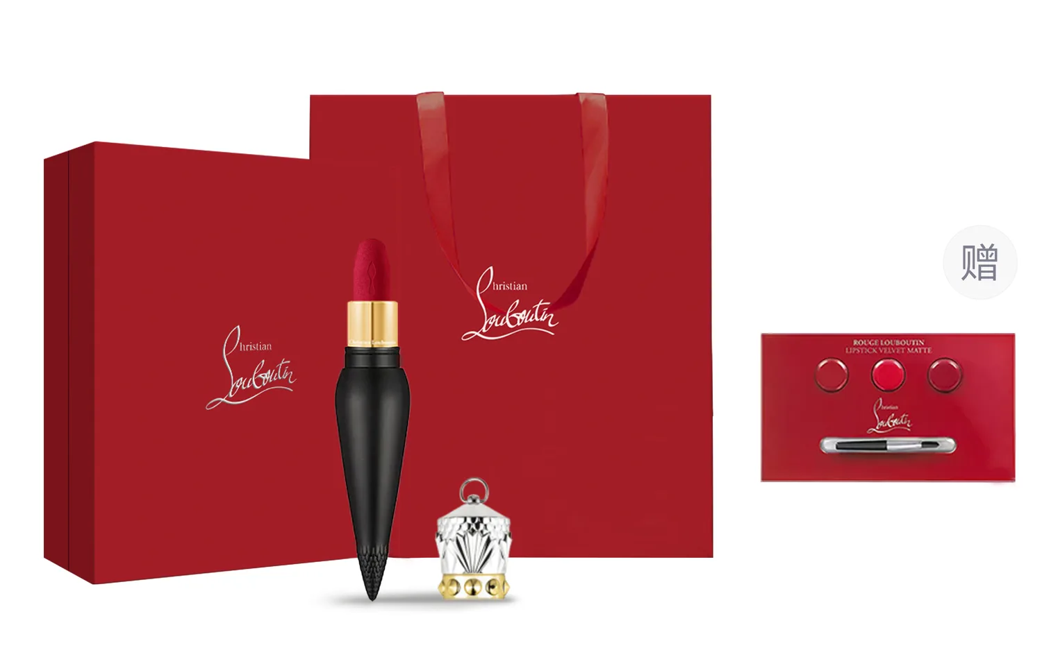Christian Louboutin Подарочный набор премиальной помады Queen's Scepter в бархатно-сатиновом футляре, три цвета, #013M Rose Cameo Brown Box with Small Square Bag — фото 3