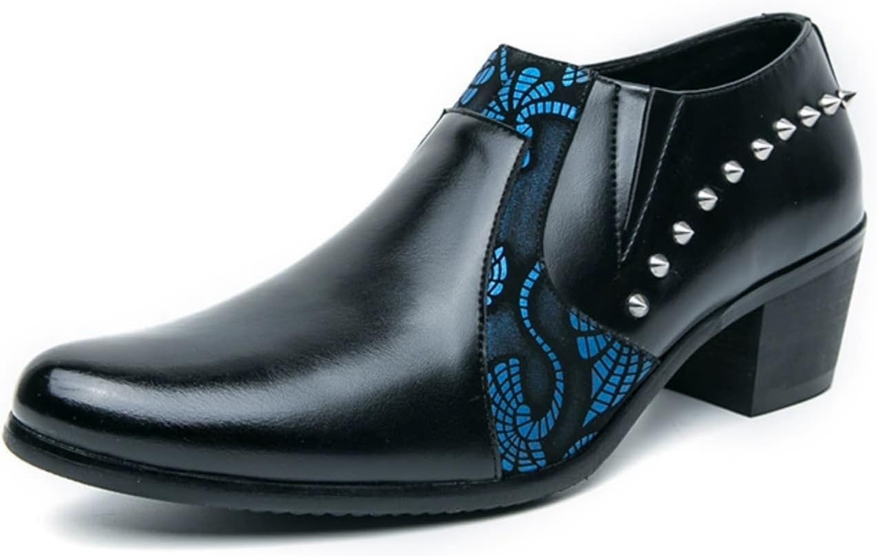 

Мужские модные лоферы QWUIEOIN с двухцветной заплаткой, цветочным принтом, шипами и заклепками, кожаные с массивным каблуком, без застежки, с острым носком, средней высоты, для офиса, вечеринок, свиданий, выпускного или свадьбы, синий