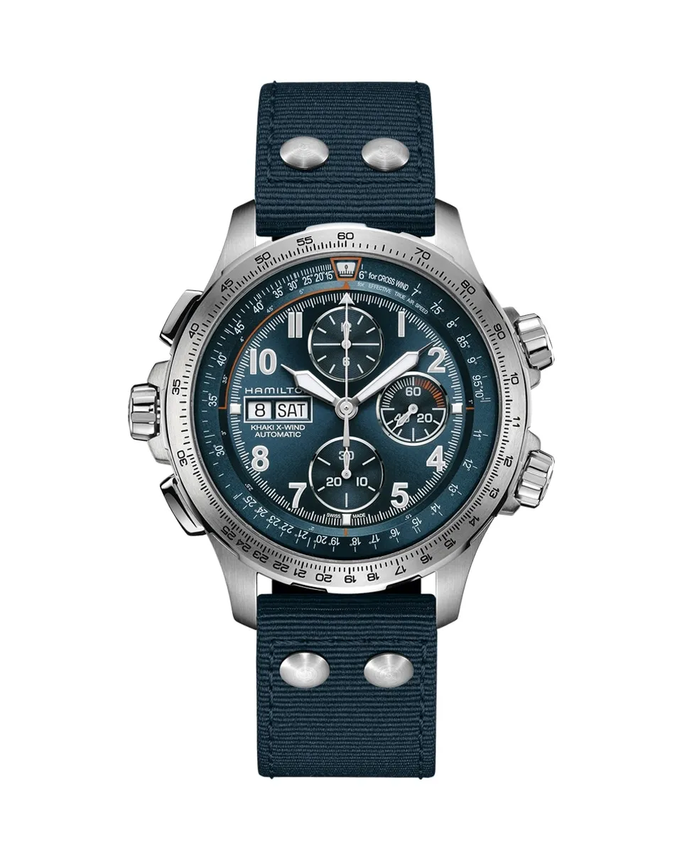 

Мужские часы-хронограф Khaki Aviation X-Wind H77906940 с автоматическим механизмом и синим тканевым ремешком Hamilton, синий