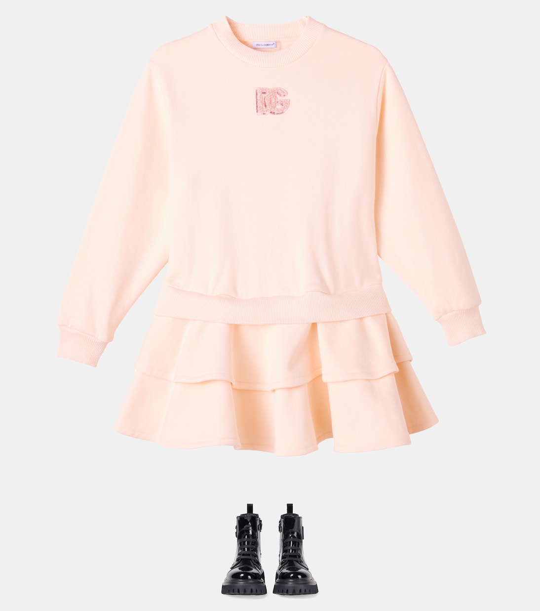 Многослойное платье из хлопкового флиса DG Dolce&Gabbana Kids, Rosa Pallido — фото 2