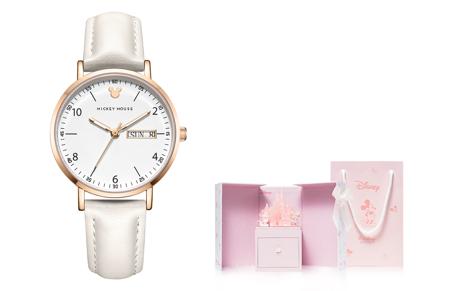 

Disney Часы Mickey Quartz Movement Leather Strap Watch Women's Watch White Dial, MK-11319W[Dreamy Castle Box]