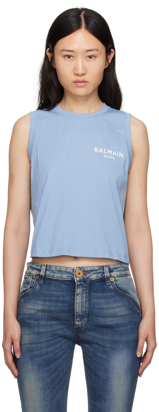 

Синяя майка с флоковым принтом Balmain