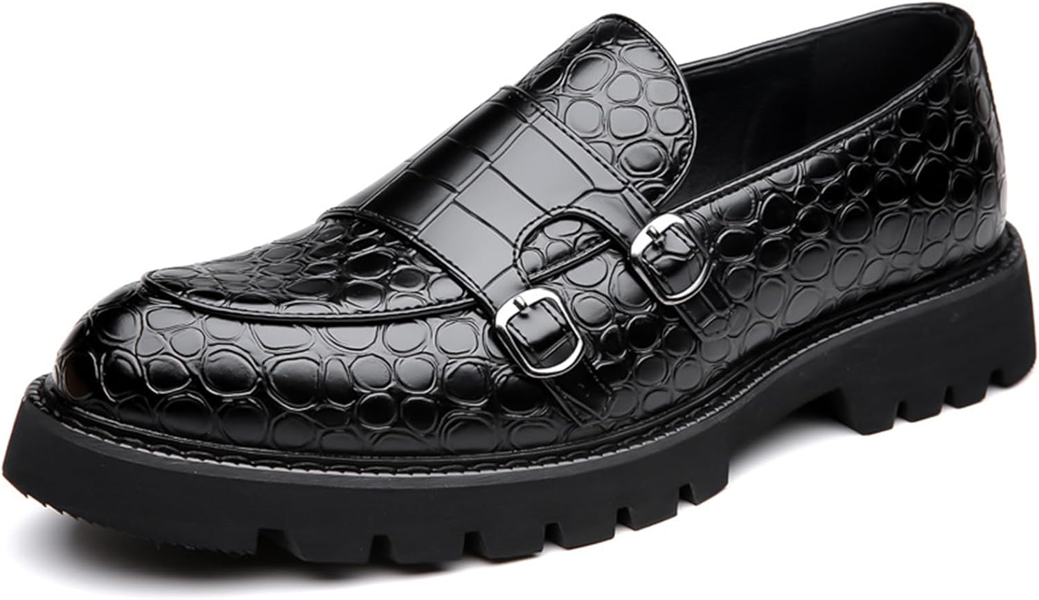 

Мужские кожаные лоферы с принтом, винтажный круглый носок, двойная пряжка, рифленая подошва, противоскользящие, без шнурков, свадебные, деловые, формальные, повседневные модные туфли Ghibhna, черный
