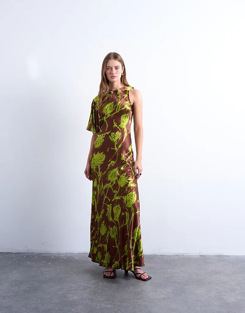 

Платье миди Topshop с асимметричными рукавами и пышным подолом в зеленом цвете с размытыми розами