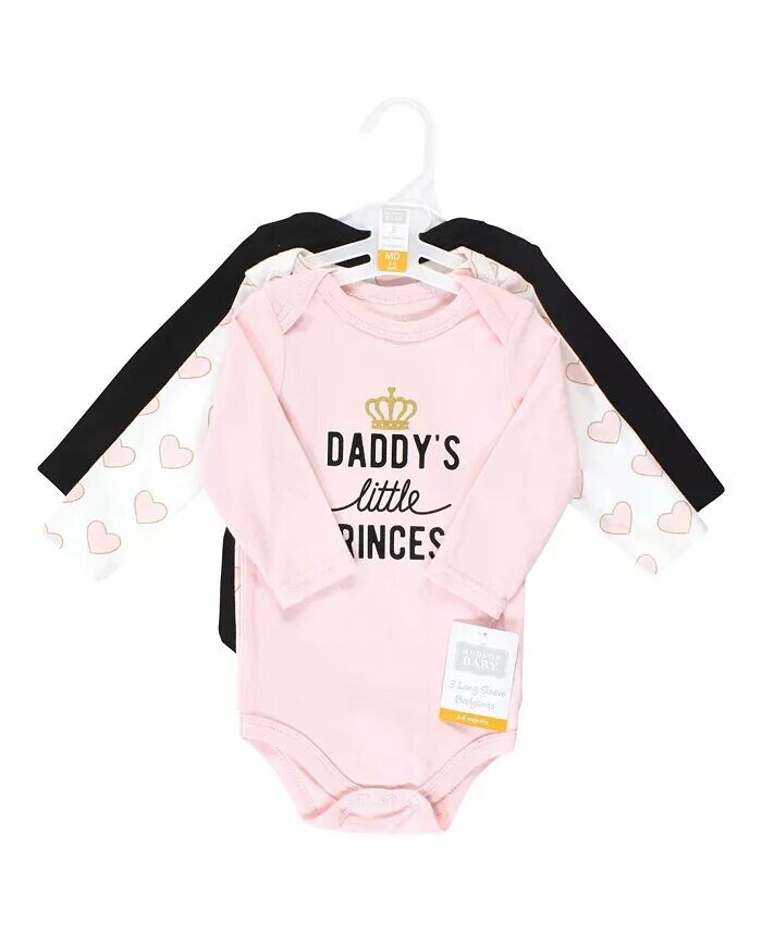 Хлопковые боди с длинными рукавами для маленьких девочек, упаковка Daddys Princess, 3 шт., недоношенные дети Hudson Baby, розовый — фото 3