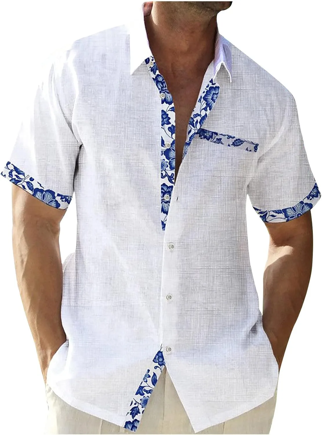 Мужская рубашка с коротким рукавом Cotton Linen Casual Vacation Summer Button Down Floral Patchwork