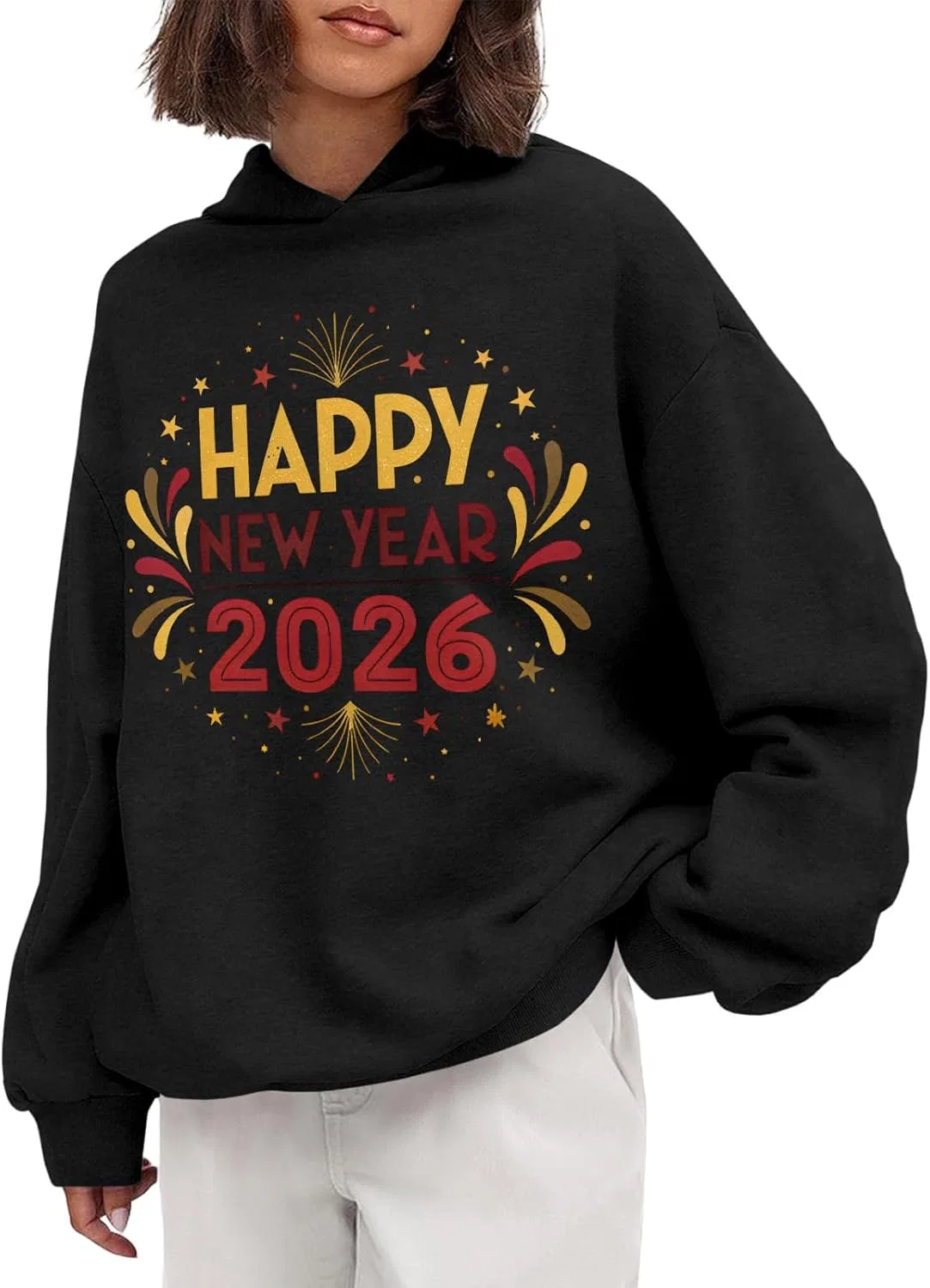 Худи женское с принтом Happy New Year 2026, оверсайз, черное