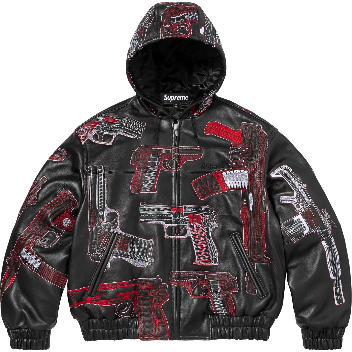Куртка кожаная с капюшоном Guns Embroidered, унисекс Supreme, Black