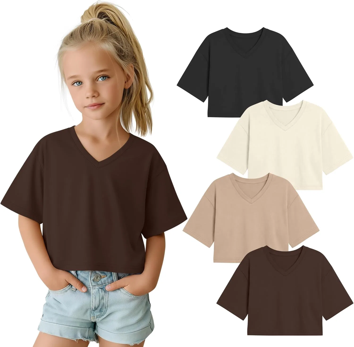 Детские топы с V-образным вырезом, коротким рукавом, 4 шт, LessonZoo, Black, Cream, Khaki, Brown, 5-14 лет