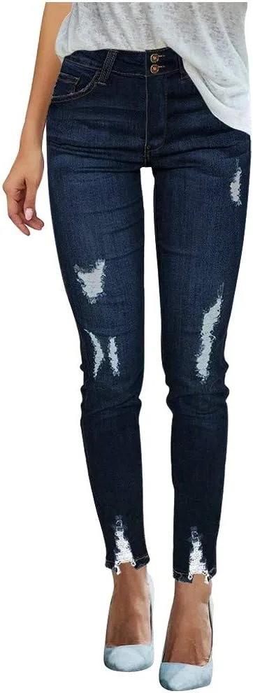 

Женские джинсы slim fit с карманами и потертостями JOFOW
