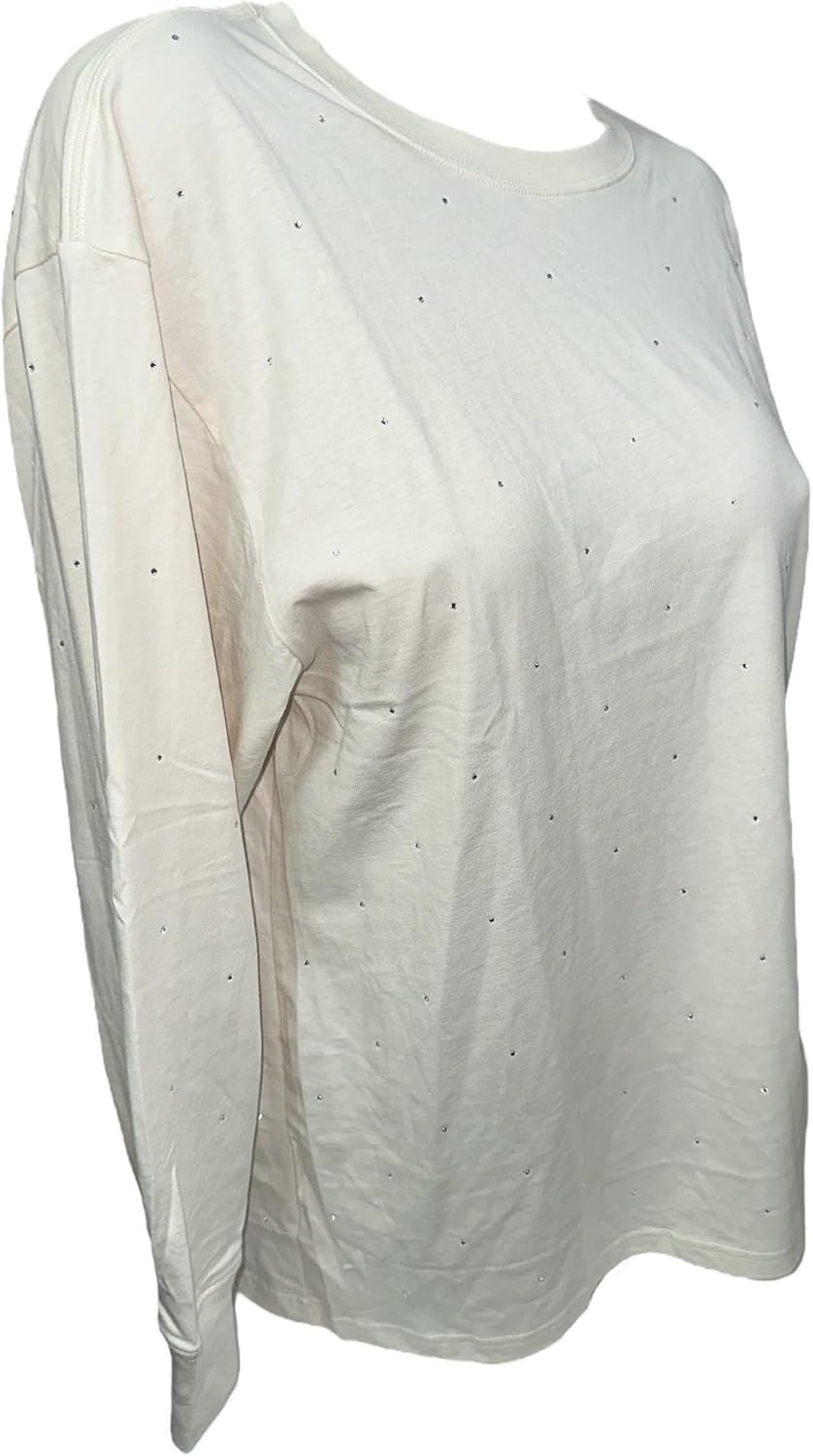 Victoria's Secret Pink Cotton Campus длинный рукав оверсайз футболка с камнями цвет Beige New, Beige Bling — фото 3